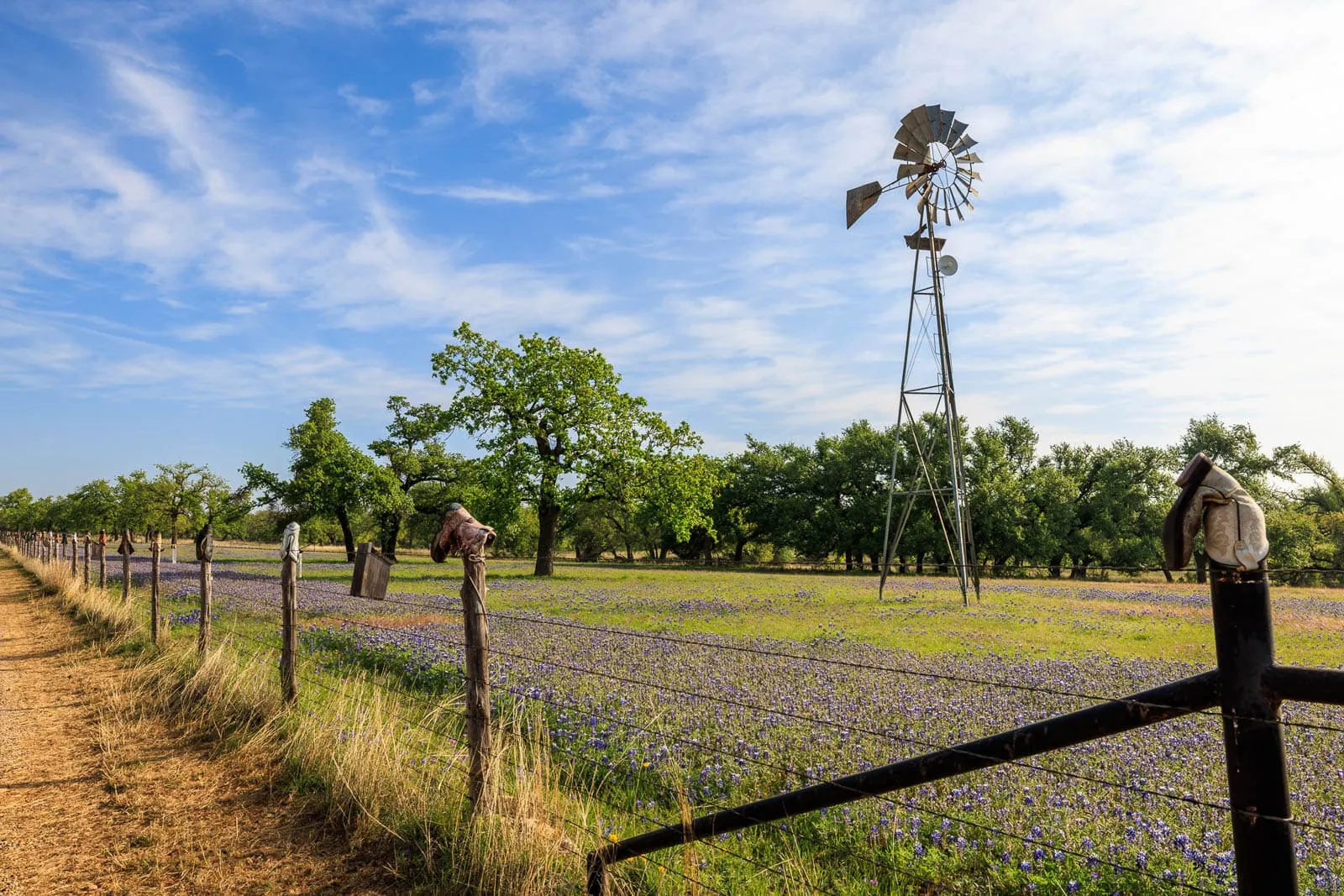 Old windmill above a field of bluebonnets and a wooden fence