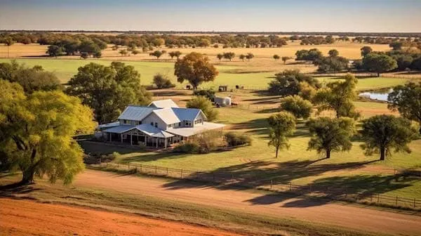 Aerial view of a Texas ranch house surrounded by pastureland